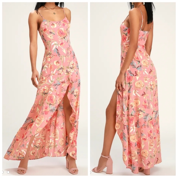 Lulu's Zinnia Blush Pink Floral Print High-Low Maxi Dress - Picture 1 of 5